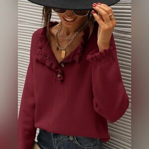 NWOT Burgundy Ruffled Long Sleeve Sweater